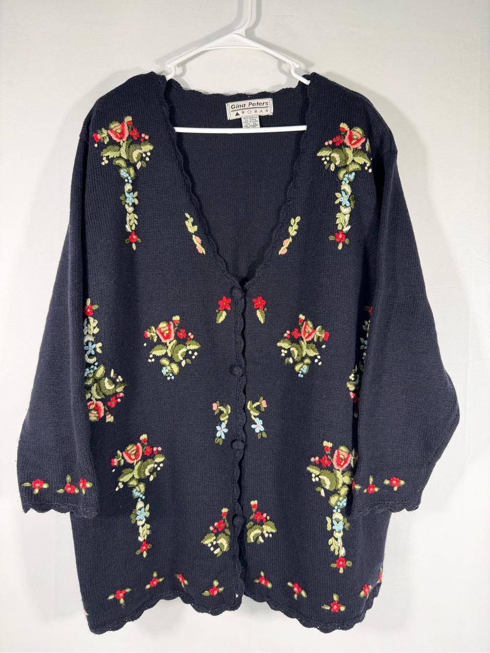 Vintage Gina Peters Floral Embroidered Cardigan Granny Sweater 2X